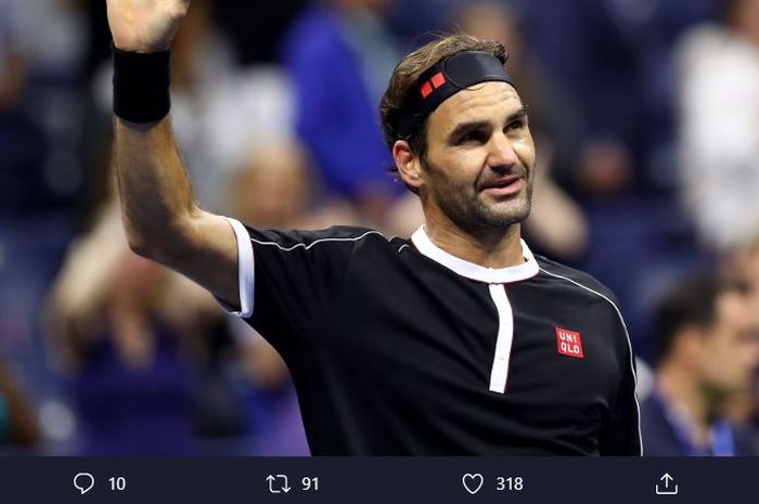 Ekspresi petenis Swiss, Roger Federer, ketika berhasil memastikan langkah ke babak kedua US Open 2019.