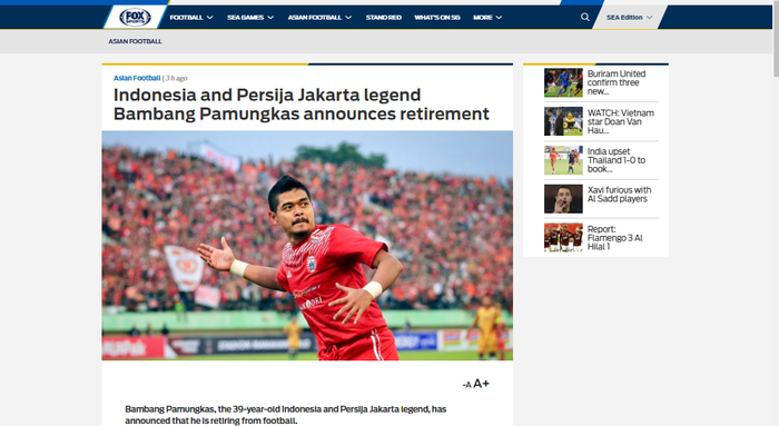 Artikel Foxsportsasia.com yang turut memberitakan peristiwa pensiunnya Bambang Pamungkas.