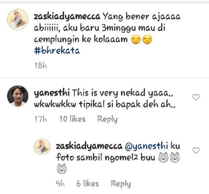 Yanesthi dan Zaskia Mecca berbalas komentar di Instagram