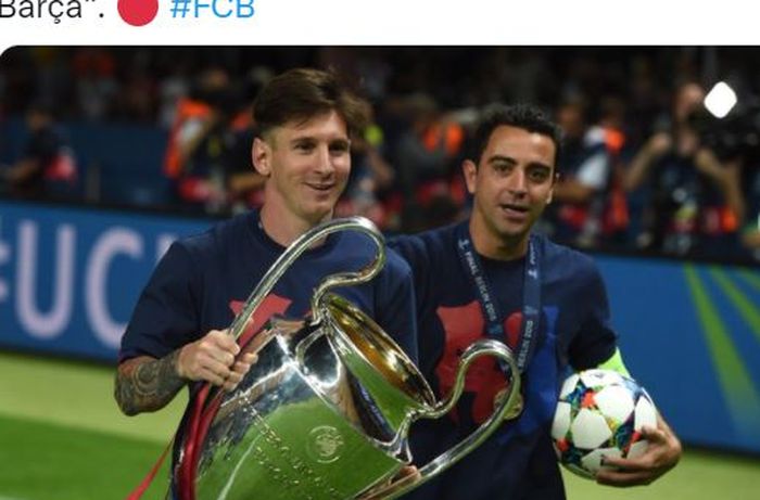Lionel Messi dan Xavi Hernandez beraksi untuk Barcelona.