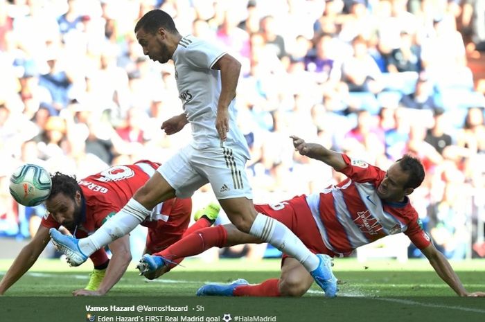 Momen Eden Hazard mencetak gol perdana untuk Real Madrid kala menjamu Granada di Stadion Santiago Bernabeu, Sabtu (5/10/2019).