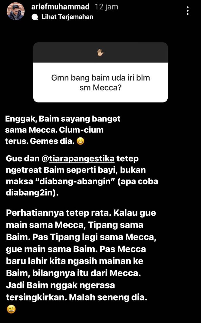 Unggahan Arief Muhammad tentang cara membuat anak pertamanya tidak cemburu dengan kehadiran sang adik.