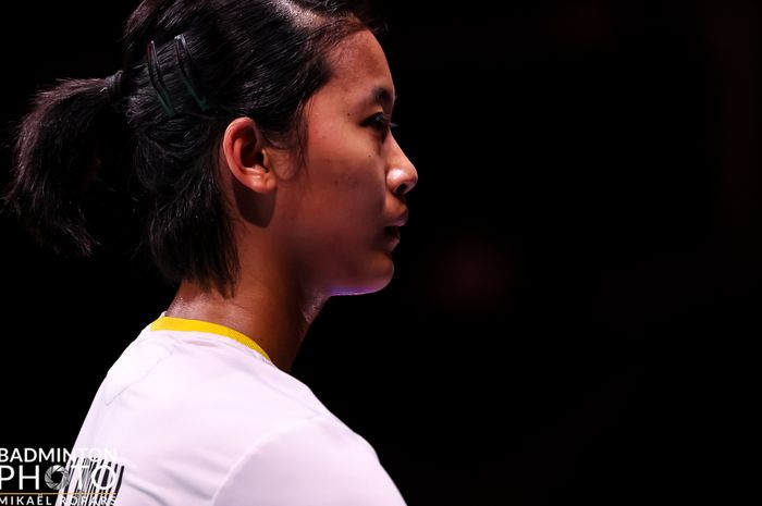 Tunggal putri Indonesia, Putri Kusuma Wardani, memenangi pertandingan babak pertama Kejuaraan Dunia 2023 di Royal Arena, Kopenhagen, Denmark, 21 Agustus 2023.