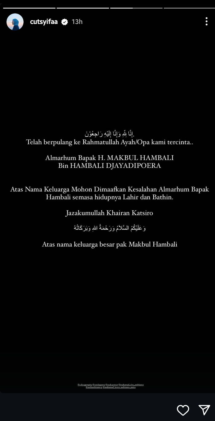 Cut Syifa bagikan kabar duka