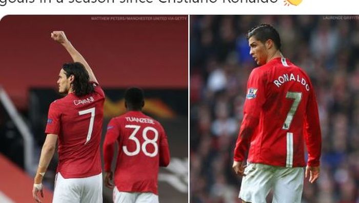 Edinson Cavani dan Cristiano Ronaldo sama-sama mengenakan nomor punggung 7 di Manchester United.