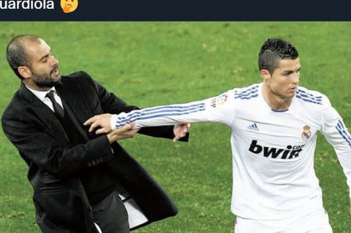 Pep Guardiola didorong Cristiano Ronaldo dalam duel el clasico antara Barcelona vs Real Madrid.