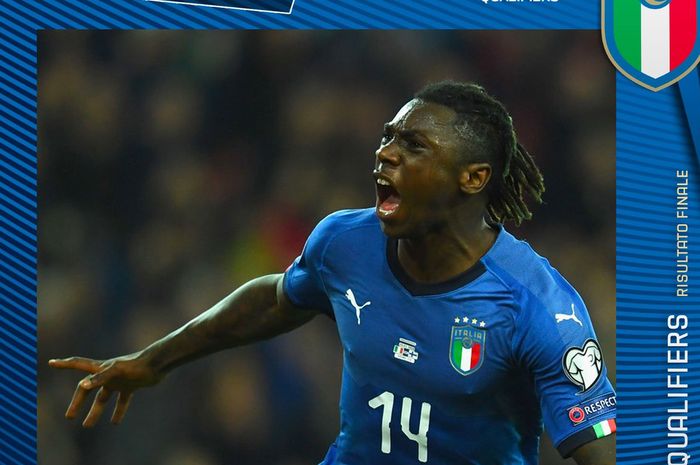 Selebrasi penyerang muda Italia, Moise Kean usai mencetak gol debut ke gawang Finlandia dalam laga kualifikasi Piala Eropa 2020 grup J di Stadion Friuli, Udine, Italia, Sabtu (23/3/2019) atau Minggu dini hari WIB. 