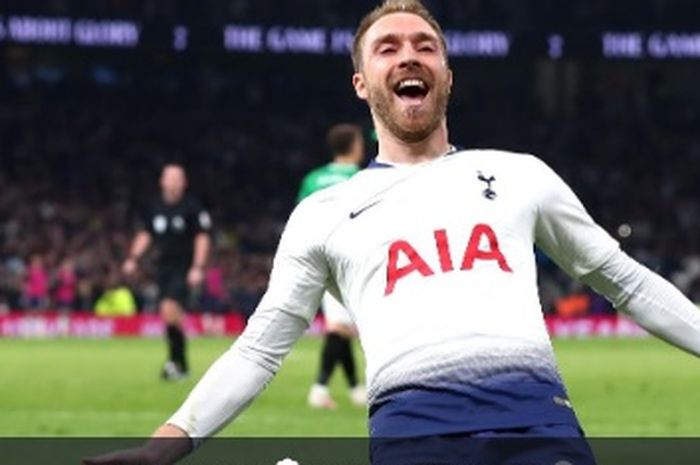 Selebrasi Christian Eriksen usai cetak gol ke gawang Brighton &amp; Hove Albion pada lanjutan laga Liga Inggris, Selasa (23/4/2019)