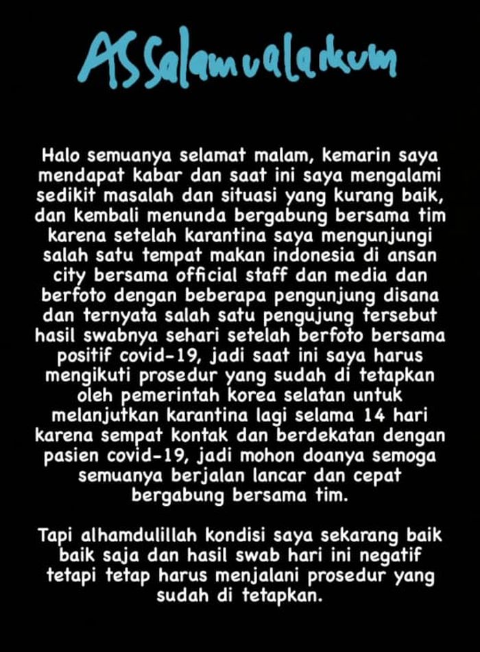 Pemain Ansan Greeners, Asnawi Mangkualam, menjelaskan kronologi dan kondisinya usai terlibat kontak dengan pasien positif Covid-19 di Korea Selatan.