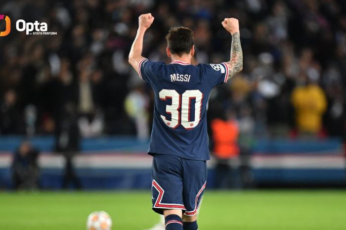 Aksi perayaan gol Lionel Messi untuk PSG di Liga Champions melawan Manchester City, 28 September 2021.