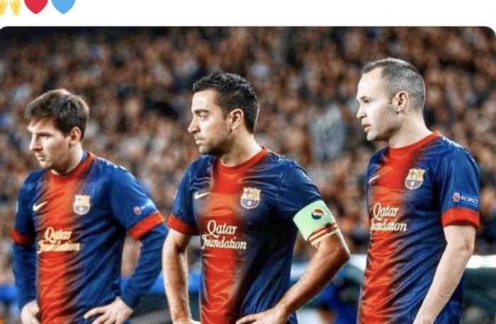 Lionel Messi, Xavi Hernandez, dan Andres Iniesta sama-sama berseragam Barcelona.