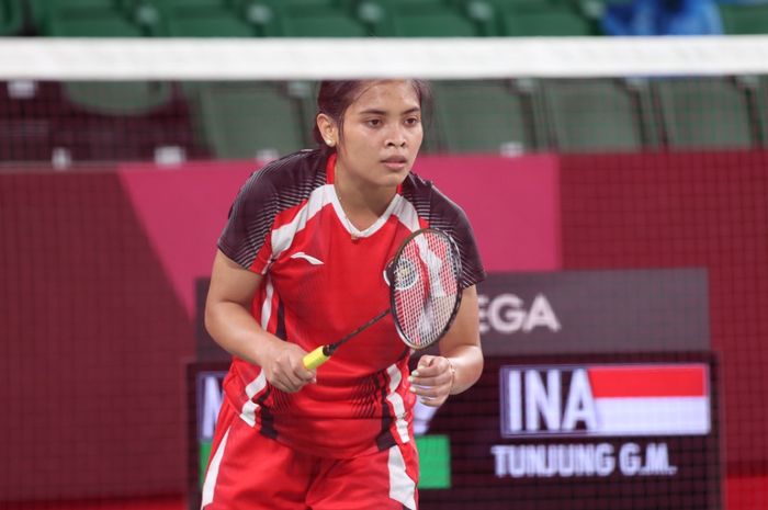 Pebulu tangkis tunggal putri Indonesia, Gregoria Mariska Tunjung, pada babak penyisihan pertama di Musashino Forest Sport Plaza, Minggu (25/7/2021).