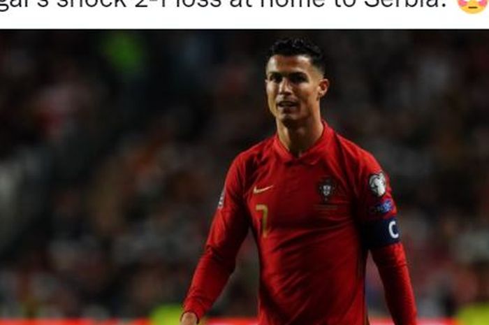 Ekspresi megabintang timnas Portugal, Cristiano Ronaldo, dalam laga Grup A Kualifikasi Piala Dunia 2022 Zona Eropa  kontra timnas Serbia di Stadion do SL Benfica, Minggu (14/11/2021).