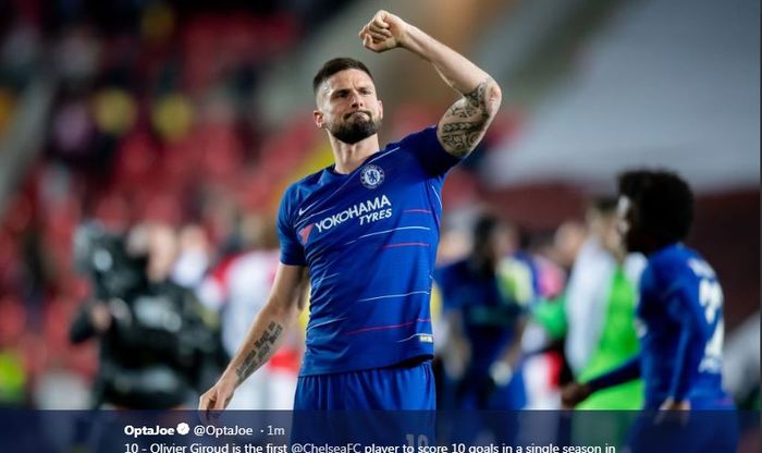 Bomber Chelsea, Olivier Giroud, mencetak gol ke gawang Slavia Prague dalam partai Liga Europa, 18 April 2019.