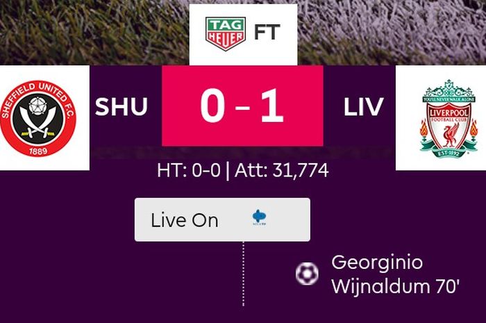 Skor akhir laga Sheffield United vs Liverpool pada Sabtu (28/9/2019).