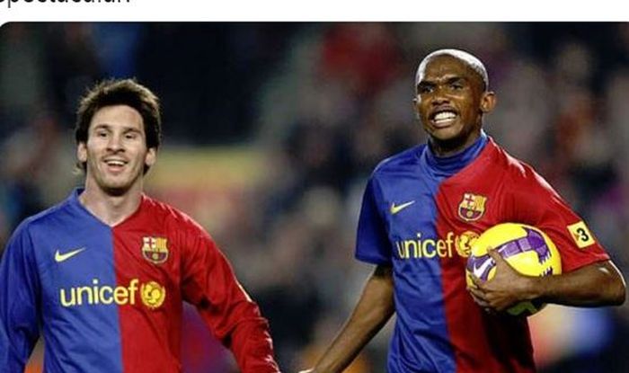Penyerang Barcelona, Lionel Messi dan Samuel Eto'o.