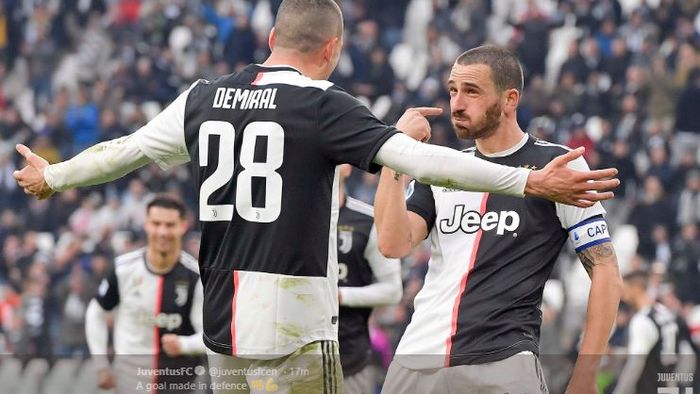 Selebrasi Leonardo Bonucci setelah mencetak gol ke gawang Udinese pada laga Juventus Vs Udinese, Minggu (15/12/2019).