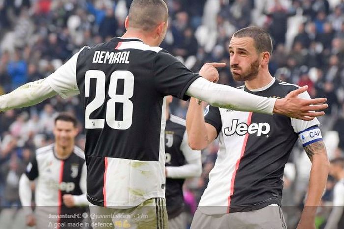 Selebrasi Leonardo Bonucci setelah mencetak gol ke gawang Udinese pada laga Juventus Vs Udinese, Minggu (15/12/2019).