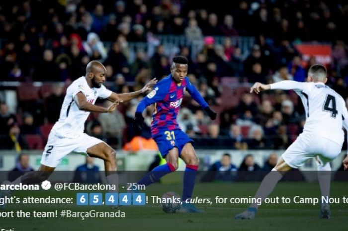 Aksi pemain Barcelona, Ansu Fati, dalam laga kontra Granada di Camp Nou, Minggu (19/1/2020).