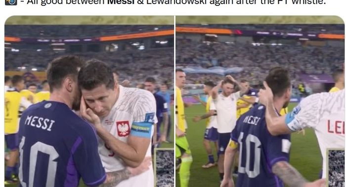 Momen perbincangan Lionel Messi dan Robert Lewandowski.