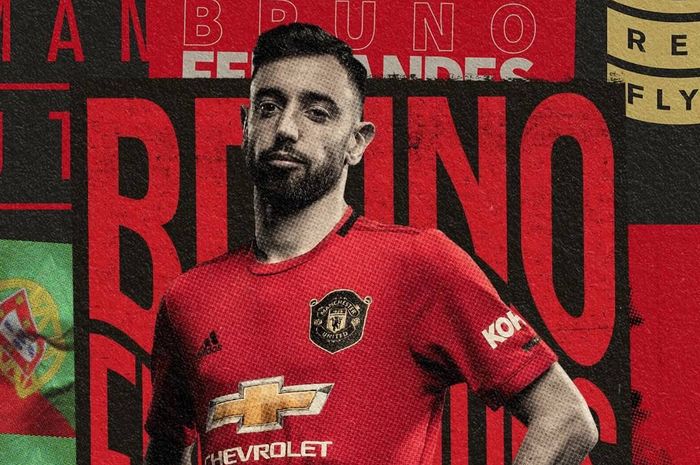 Grafis Manchester United untuk umumkan transfer Bruno Fernandes.