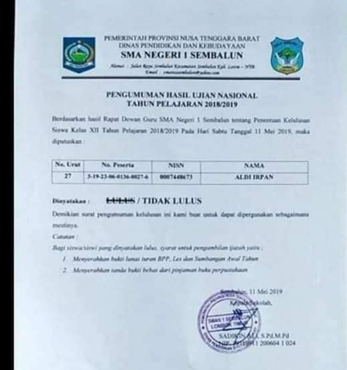 Keterangan tidak lulus Aldi Irpan.