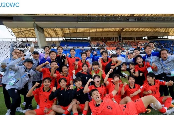 Kegembiraan para pemain Korea Selatan usai mengalahkan Prancis pada ;aga grup Piala Dunia U-20 2023.