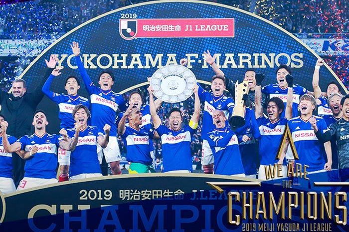 Selebrasi Yokohama F. Marinos saat menjuarai Liga Jepang terakhir kalinya di Stadion Nissan, 8 Desember 2019.