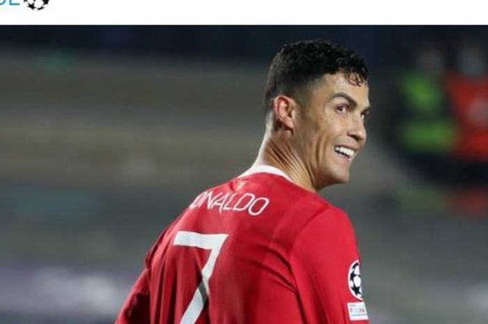 Striker Manchester United, Cristiano Ronaldo, merayakan gol dalam laga Grup F Liga Champions kontra Atalanta di Stadio di Bergamo, Selasa (2/11/2021).