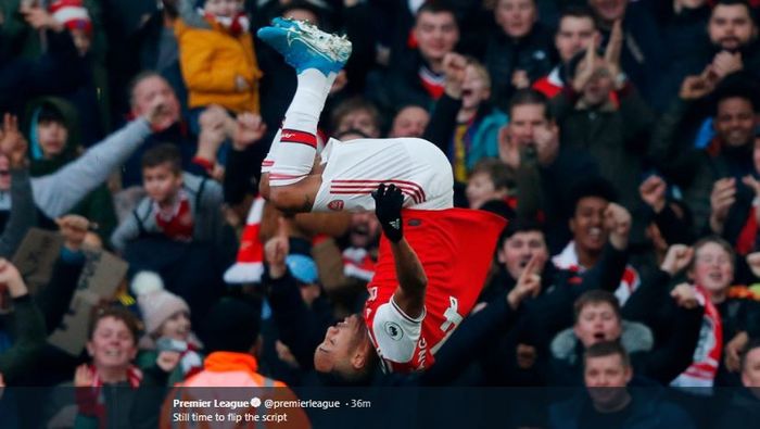 Selebrasi Pierre-Emerick Aubameyang usai mencetak gol ke gawang Chelsea, pada Minggu (29/12/2019).