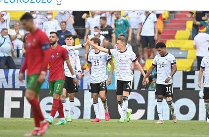 Para pemain timnas Jerman merayakan gol ke gawang timnas Portugal dalam laga Grup F EURO 2020 di Stadion Football Arena, Sabtu (19/6/2021).