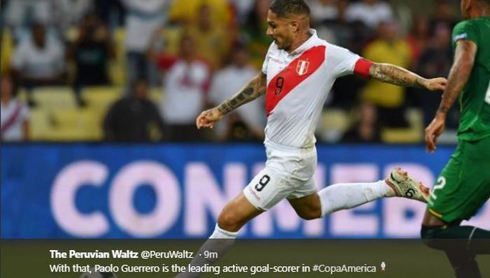 Striker timnas Peru, Paolo Guerrero, mencetak gol kala berhadapan dengan timnas Cile pada laga semifinal Copa America 2019 di Arena do Gremio pada Kamis (4/7/2019) pagi WIB.