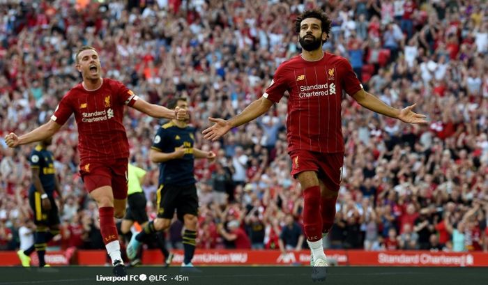 Penyerang sayap Liverpool, Mohamed Salah, sukses mencetak dua gol dalam kemenangan 3-1 timnya atas Arsenal pada pekan ketiga Liga Inggris di Stadion Anfield, Sabtu (24/8/2019).
