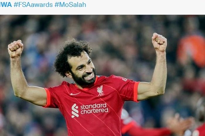 Selebrasi striker Liverpool, Mohamed Salah, usai menjebol gawang Everton.