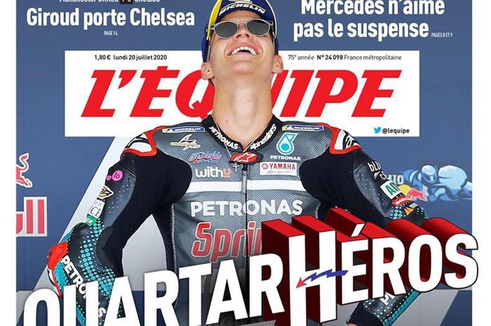 Fabio Quartararo gasak kemenangan pertama kalinya di MotoGP Spanyol 2020 langsung jadi sampul depan tebitan terkemuka di Prancis, L'Equipe. Disanjung dan dinobatkan sebagai pahlawan