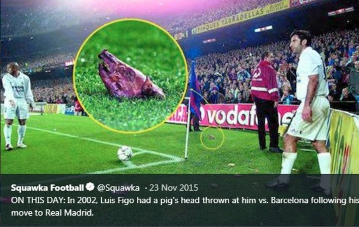 Lemparan kepala babi dari suporter dalam duel Barcelona versus Real Madrid, 23 November 2002.