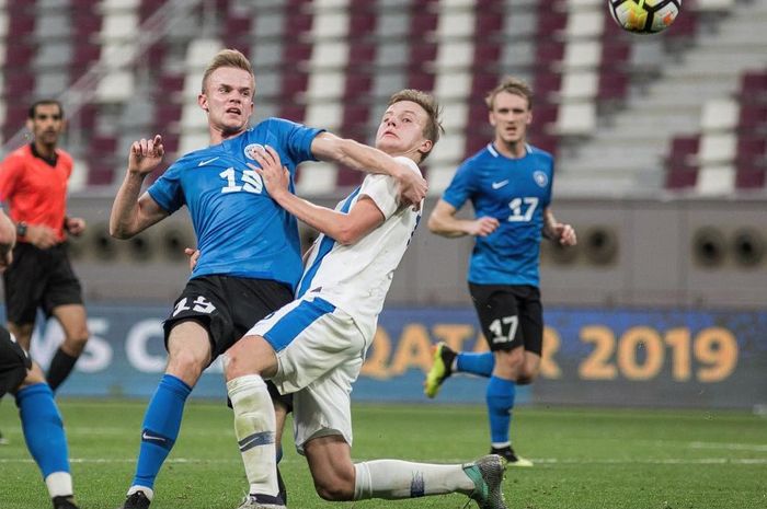 Tristan Koskor saat membela timnas Estonia pada laga uji coba kontra Finlandia, Jumat (11/1/2019).