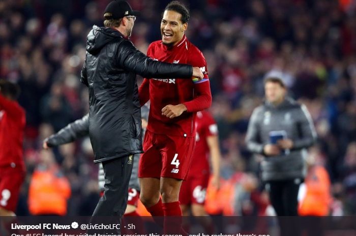 Pelatih Liverpool Juergen  Klopp (kiri) dan bek Virgil van Dijk.