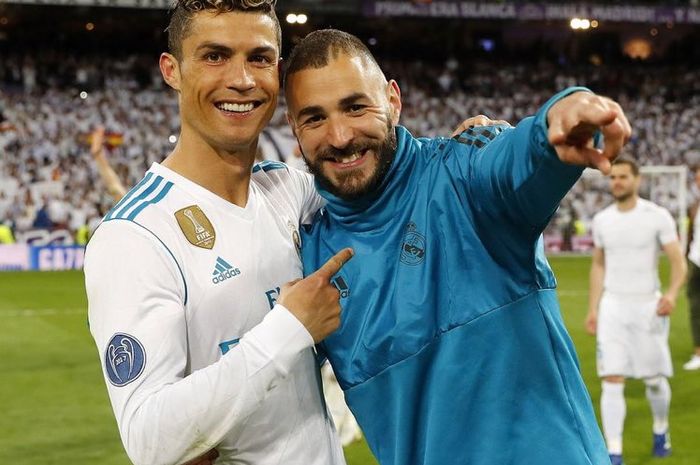 Cristiano Ronaldo dan Karim Benzema saat membawa Real Madrid menjuarai Liga Champions musim 2017-2018.