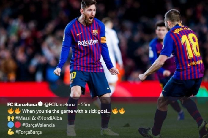 Megabintang Barcelona, Lionel Messi, dalam partai Liga Spanyol kontra Valencia di Camp Nou, Sabtu (2/2/2019)