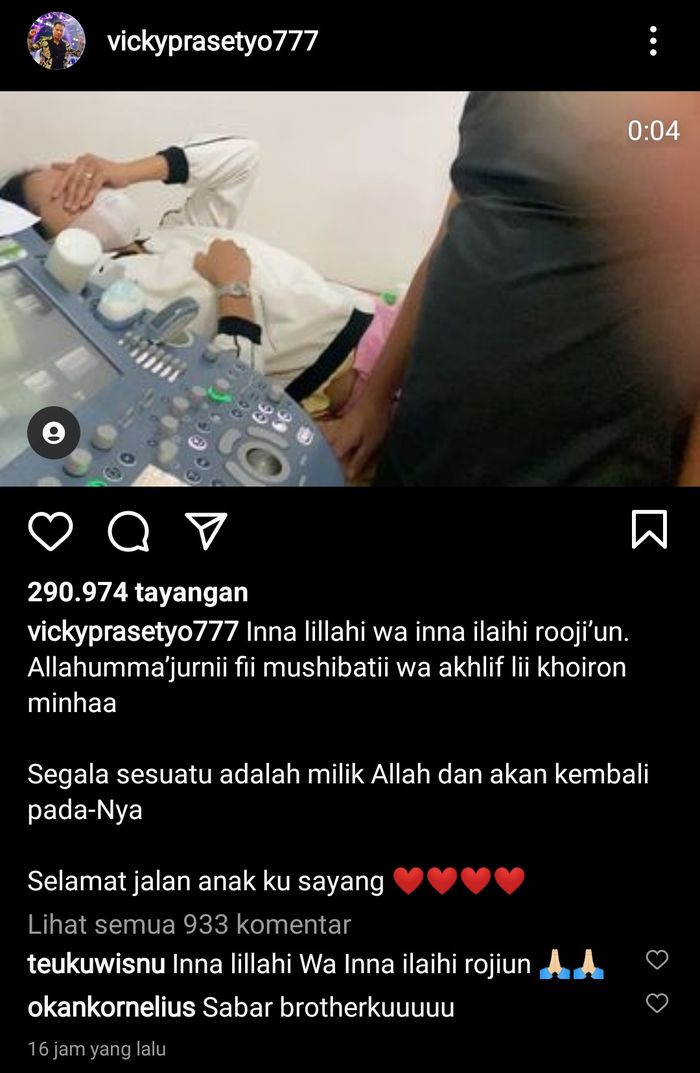 Calon anak pertama Vicky Prasetyo dan Kalina Ocktaranny meninggal dunia