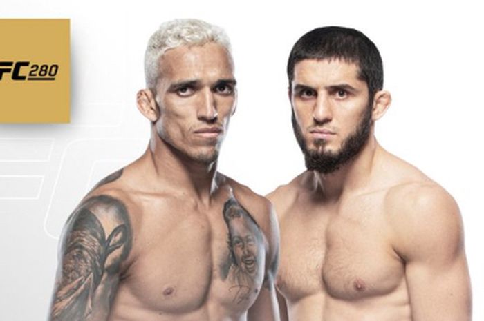 Poster pertandingan UFC 280 yang akan menampilkan laga perebutan gelar juara kelas ringan antara Charles Oliveira vs Islam Makhachev.