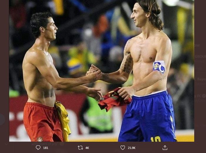 Cristiano Ronaldo dan Zlatan Ibrahimovic bersalaman dalam duel timnas Portugal kontra Swedia.