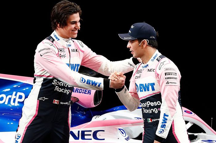 Lance Stroll (kiri) dan Sergio Perez (kanan) saat menghadiri acara peluncuran SportPesa Racing Point F1 Team di Toronto, Kanada (13/2/2019).