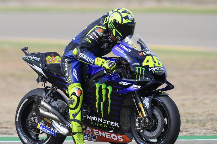 Pembalap Movistar Yamaha, Valentino Rossi, menjalani sesi latihan bebas pada hari pertama MotoGP Aragon di Sirkuit Motorland Aragon, Jumat (21/9/2019).