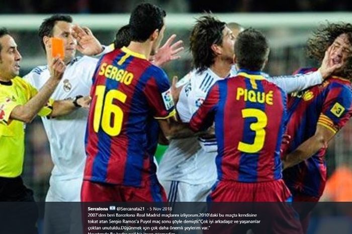 Bek Real Madrid, Sergio Ramos, mengamuk setelah mendapat kartu merah dalam laga kontra Barcelona pada29 November 2010.