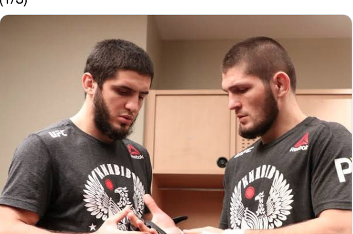 Petarung UFC, Islam Makhachev (kiri) dan pensiunan jagoan yang juga rekan latihannya, Khabib  Nurmagomedov.