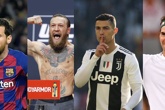 Kolase atlet pria. Lionel Messi, Connor McGregor, Cristiano Ronaldo dan Roger Federer.