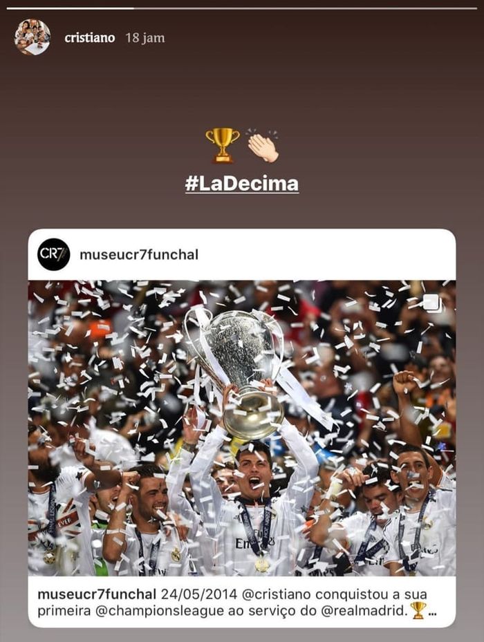 Story  Cristiano Ronaldo saat berhasil membawa Rela Madrid meraih gelar Liga Champions yang kesepuluh pada musim 2013-2014