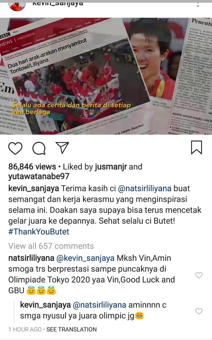 Unggahan Kevin Sanjaya yang dikomentari Liliyana Natsir